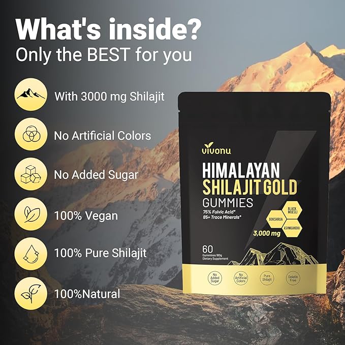 Shilajit Gummies, Shilajit micronutrient supplement, Himalayan premium ingredient Shilajit - Ashwagandha, Gokshura, Fulvic Acid & 85+ Trace Minerals I for Men, Women I Non-GMO I 100% Natural & Organic