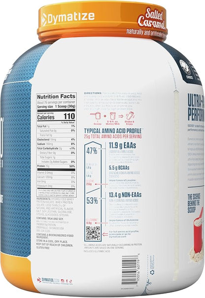 Dymatize ISO100 Whey Protein Powder Isolate, Salted Caramel, 25g of Protein, 5.5g BCAAs, Less Than 120 Cal., Gluten Free, 1g Fat, 1g Sugar, 2g Carb (20 Servings)