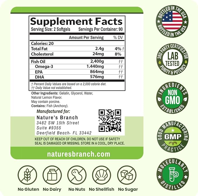 Triple Strength Omega 3 Fish Oil Supplements 2400mg | 180 Capsules, Burpless High Potency Lemon Flavor, High EPA DHA for Men & Women Ultra Pure Softgels | Joint Support, Eyes, Heart Brain Health Pills