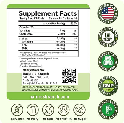 Triple Strength Omega 3 Fish Oil Supplements 2400mg | 180 Capsules, Burpless High Potency Lemon Flavor, High EPA DHA for Men & Women Ultra Pure Softgels | Joint Support, Eyes, Heart Brain Health Pills