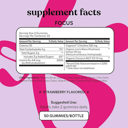Lemme Focus Concentration & Brain Health Gummies with Cognizin Citicoline, Lion's Mane Mushroom, Vitamin B12 to Support Focus + Concentration - Gluten Free, Caffeine Free, Strawberry (50 Count)