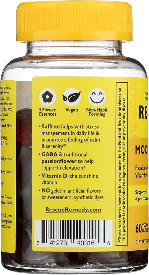 Bach Rescue Plus Mood & Stress Support Gummies, Daytime Dietary Supplement with Passionflower, GABA, Saffron & Vitamin D, Natural Orange Flavor, Vegan & Gluten-Free, 60 Count