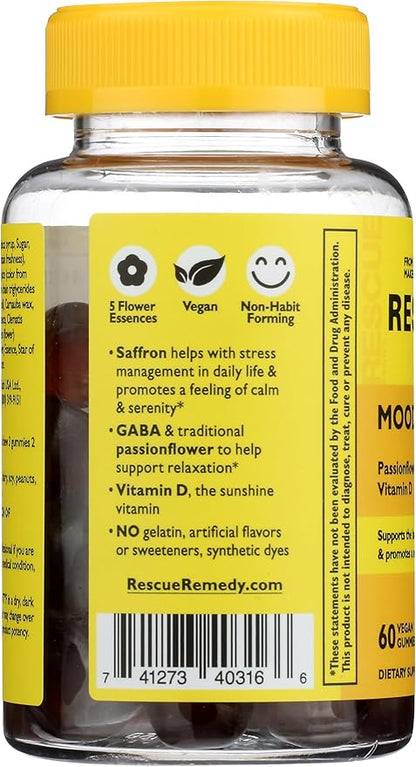 Bach Rescue Plus Mood & Stress Support Gummies, Daytime Dietary Supplement with Passionflower, GABA, Saffron & Vitamin D, Natural Orange Flavor, Vegan & Gluten-Free, 60 Count