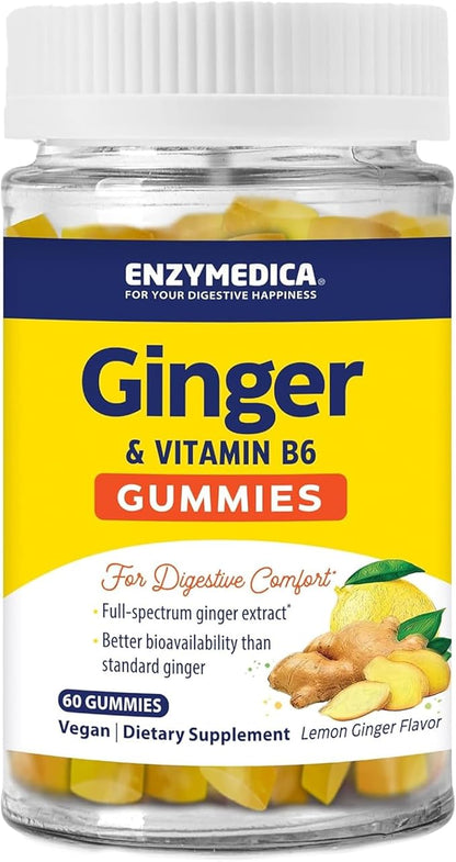 Enzymedica Ginger Root & Vitamin B6 Gummies for Women & Men, Support for Occasional Nausea, Helps Digestion, Vegan, Gluten Free - 60 Count