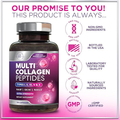 Multi Collagen Peptides Complex - Advanced Hydrolyzed Collagen Supplement Pills with Type I, II, III, V & X - Hair, Skin, Nail & Joint Support Supplement for Women & Men - USA Bottled - 120 Capsules