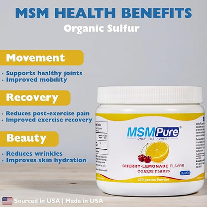 KALA HEALTH MSMPure Cherry Lemonade Flavored Coarse MSM Powder Flakes – US-Made MSM for Joint Health, Skin Appearance, and Hair & Nail Support – 8.8 oz, Organic Sulfur