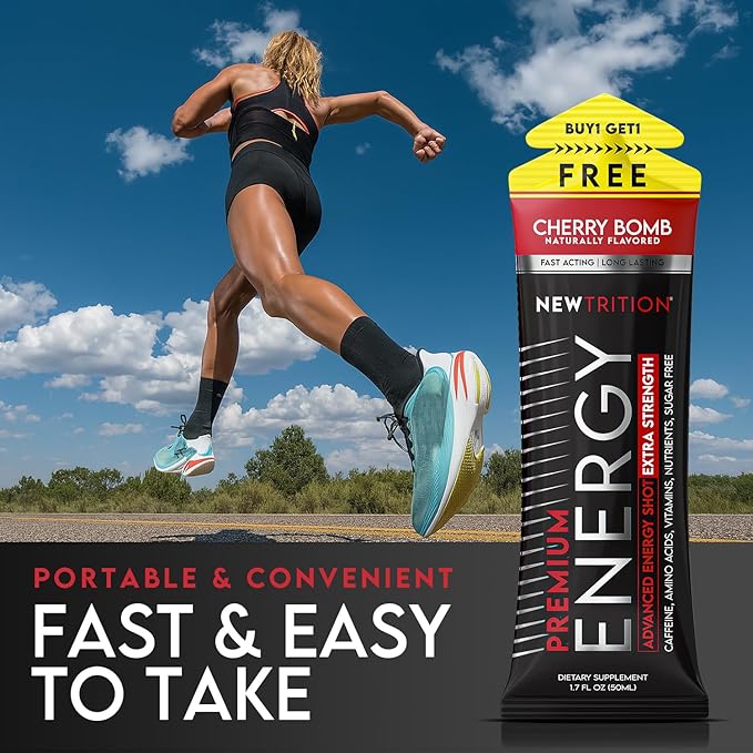 NewTrition® Extra Strength Energy Shots, 1.7 fl oz - 250mg Caffeine with Vitamin B & Amino Acids, Sugar-Free, Zero Calorie Vitamin Energy Drink for Focus & Endurance (Pack of 24, Cherry Bomb)