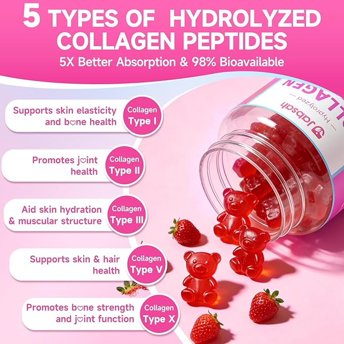 Collagen Gummies for Women & Men, Hydrolyzed Collagen Peptides (Type I, II, III, V, X) with Biotin, Hyaluronic Acid, MultiVitamins, Supports Healthy Skin, Thick Hair &Strong Nails, Sugar Free, 60Cts