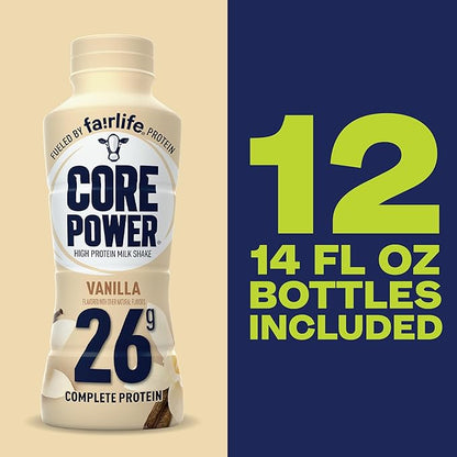 Core Power Protein Shake, Vanilla, 26g Bottle, 14oz, 12 Pack