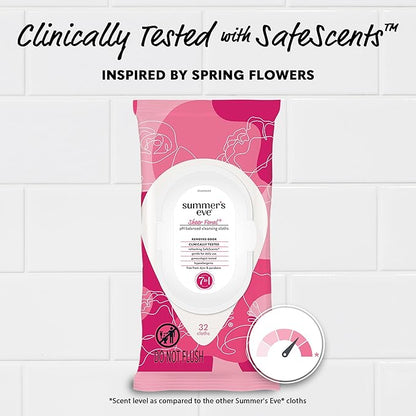 Summer's Eve Sheer Floral Feminine Wipes, Gentle pH-Balanced Formula Helps Control Vaginal Odor, Resealable Pack, 32 Wipes, Pack of 4