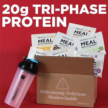 TransformHQ Meal Replacement Shake Variety Box With Pink Shaker, 7 Single-Serving Shake Packs