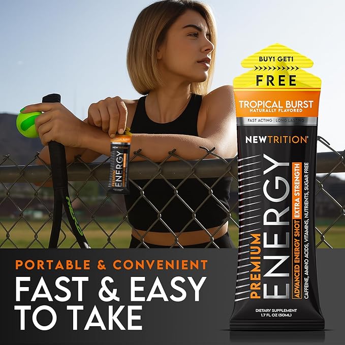 NewTrition® Extra Strength Energy Shots, 1.7 fl oz - 250mg Caffeine with Vitamin B & Amino Acids, Sugar-Free, Zero Calorie Vitamin Energy Drink for Focus & Endurance (Pack of 6, Tropical Burst)