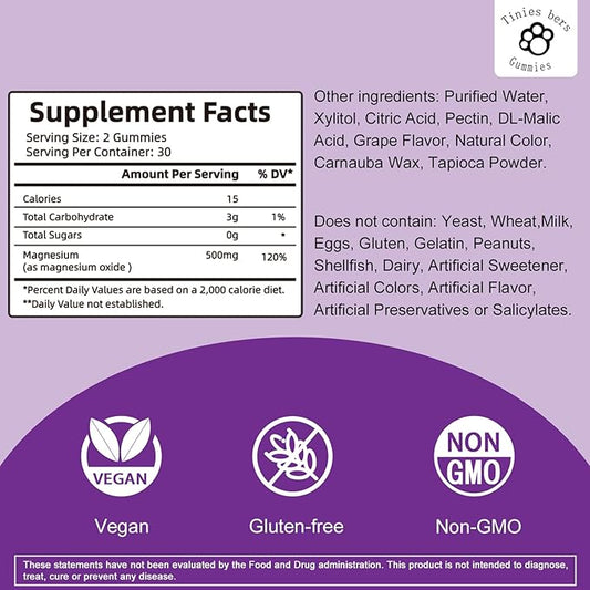 Magnesium Oxide Gummies 500mg, Sugar Free for Adults & Kids, Best Mg Form for ‘Digestion’, for Sleep, Nerve, Head Health, Muscle & Stress Relief, Gluten Free, Non GMO, Vegan, Pectin, 60