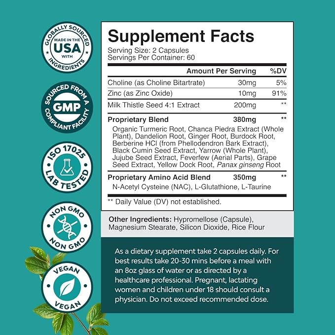 Liver Support NAC Supplement with Milk Thistle for Liver Cleanse Detox & Repair - N Acetyl Cysteine Supplement Liver Cleanse with Antioxidants, Turmeric, Choline, Dandelion & L-Glutathione - 120 Count