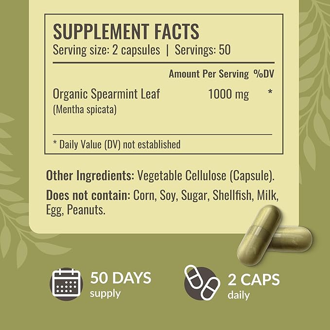 HERBAMAMA Spearmint Capsules - 1000 mg Spearmint Leaf Capsules for Digestive Support - Vegan, Non-GMO Digestive & Skin Supplement - 50-Day Supply