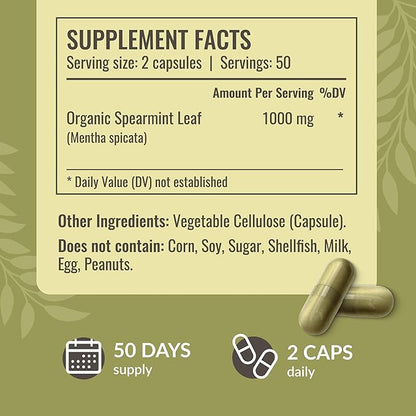 HERBAMAMA Spearmint Capsules - 1000 mg Spearmint Leaf Capsules for Digestive Support - Vegan, Non-GMO Digestive & Skin Supplement - 50-Day Supply