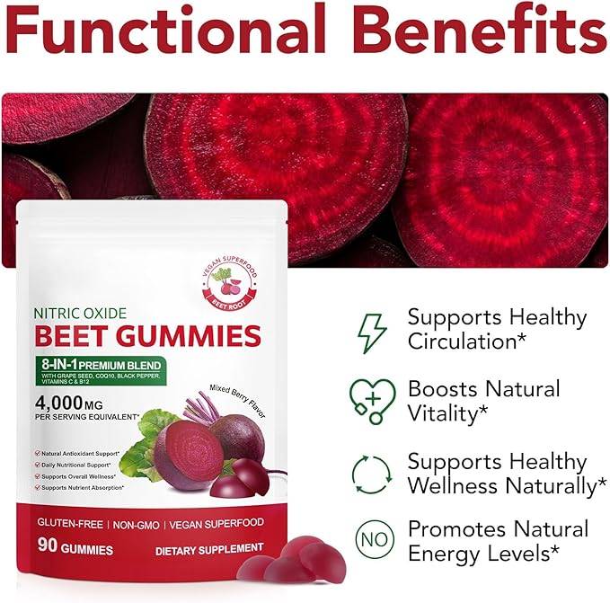 Beet Root Gummies,180 Heart Health Chews for Blood Pressure Support Supplements,Red Beets Supplements with Beetroot, Grape Seed, Coq10,B Vitamins,Vegan, Non-GMO,90 Beet Chews