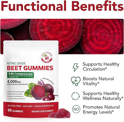 Beet Root Gummies,180 Heart Health Chews for Blood Pressure Support Supplements,Red Beets Supplements with Beetroot, Grape Seed, Coq10,B Vitamins,Vegan, Non-GMO,90 Beet Chews