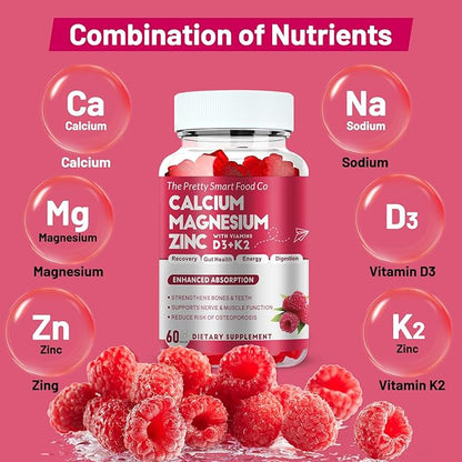Calcium Magnesium Zinc Gummies with Vitamin D3 & K2 for Bone, Muscle & Immune Support - High Potency Enhanced Absorption - 60 Raspberry Gummies