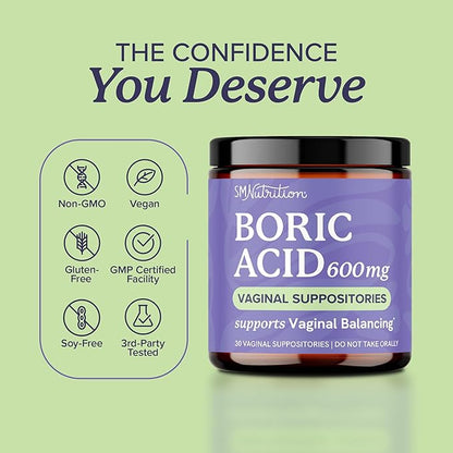 Boric Acid Suppositories for Women 600mg | pH Balance, Vaginal Odor & Itching | Feminine Hygiene & Intimate Health Support | Boric Acid for Women Vaginal Suppositories | Unscented, Vegan | 30 Ct