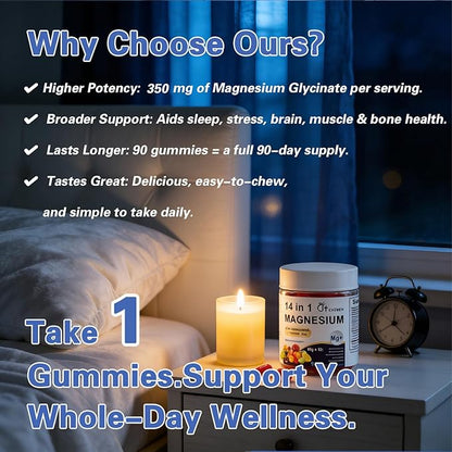 Magnesium 14-in-1 Complex Gummies with Ashwagandha & L-Theanine, Zinc | Deep Clamly Magnesium Glycinate Gummies, Stress Relief & Calm Support Formula | Vegan, Sugar-Free Supplement, 90 Count
