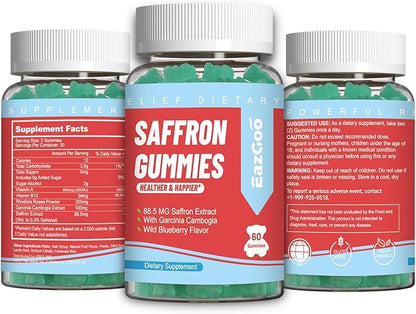 Saffron Supplements Gummies, Saffron Extract for Positive Mood & Calm Nerve, Boost Energy, with Garcinia Cambogia, Vitamin A, B12, Rhodiola Rosea - 60 Gummies