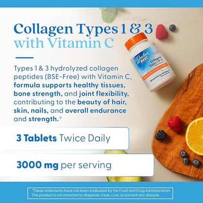 Doctor's Best Collagen Peptides Types 1 & 3 - Collagen Supplement for Women & Men, Supports Hair, Skin, Nails, & Joint Health, Includes 30 mg Vitamin C & 3 g Protein Per Serving, Non GMO - 180 Tablets