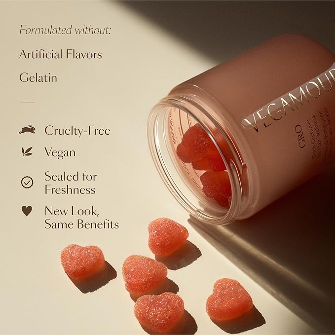 VEGAMOUR GRO Biotin Gummies, Strawberry Flavor with 5000 mcg Biotin, Supports Healthy Hair Vegan Gummies with Vitamins A, B, C, E, B-12 & More, 30 Ct
