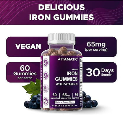 Vitamatic Iron 65 mg Gummies Supplement for Women & Men - 60 Vegan Gummies - Great Tasting Iron Gummy Vitamins with Vitamin C (2)