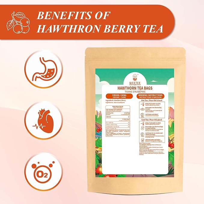 WT WEETEE Hawthorn Berry Tea Bags 100 Count, 100% Hawthorn Fruit, Corn Fiber Pyramid Bags, Antioxidant & Caffeine-Free Herbal Tea