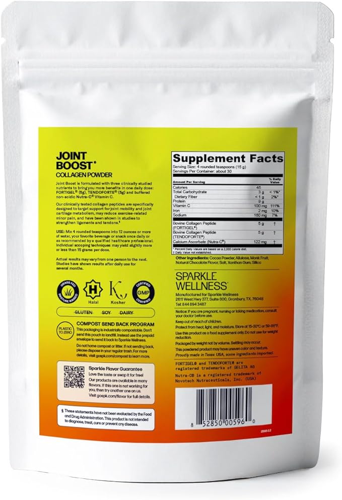Sparkle Wellness FORTIGEL & TENDOFORTE Collagen Peptides | Collagen Powder with Calcium Ascorbate Vitamin C to Support Joint Mobility, Tendon & Ligament Health | Joint Boost (Chocolate) [30-Serves]