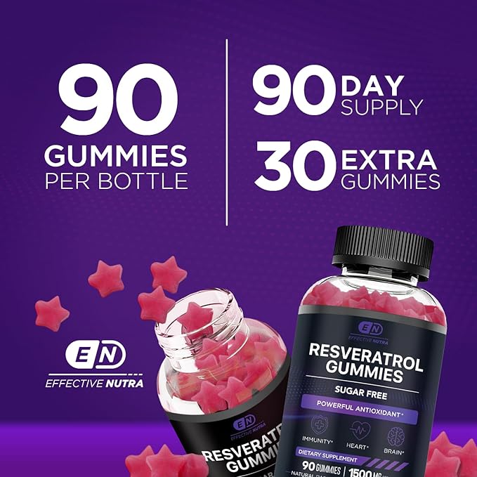 Effective Nutra Resveratrol Gummies 1500mg – Sugar Free Antioxidant Supplement for Heart Health, Immunity & Brain Support – Vegan, Non-GMO, 3rd Party Tested, Raspberry Watermelon, 90 Count