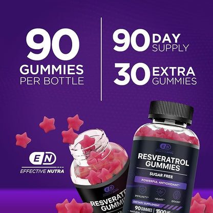 Effective Nutra Resveratrol Gummies 1500mg – Sugar Free Antioxidant Supplement for Heart Health, Immunity & Brain Support – Vegan, Non-GMO, 3rd Party Tested, Raspberry Watermelon, 90 Count