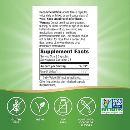 Nature's Way Uva Ursi Leaves, Traditional Urinary Support*, 1,110 mg per 3-Capsule Serving, Non-GMO Project Verified, Herbal Dietary Supplement, Gluten Free, 100 Vegan Capsules (Packaging May Vary)