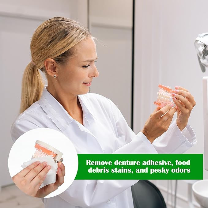 Timgle 100 Pcs Denture Cleaning Wipes Refreshes Mouth Deep Cleaning Wipes for Remove Denture Adhesive, Food Debris, Stains and Odor (Classic)
