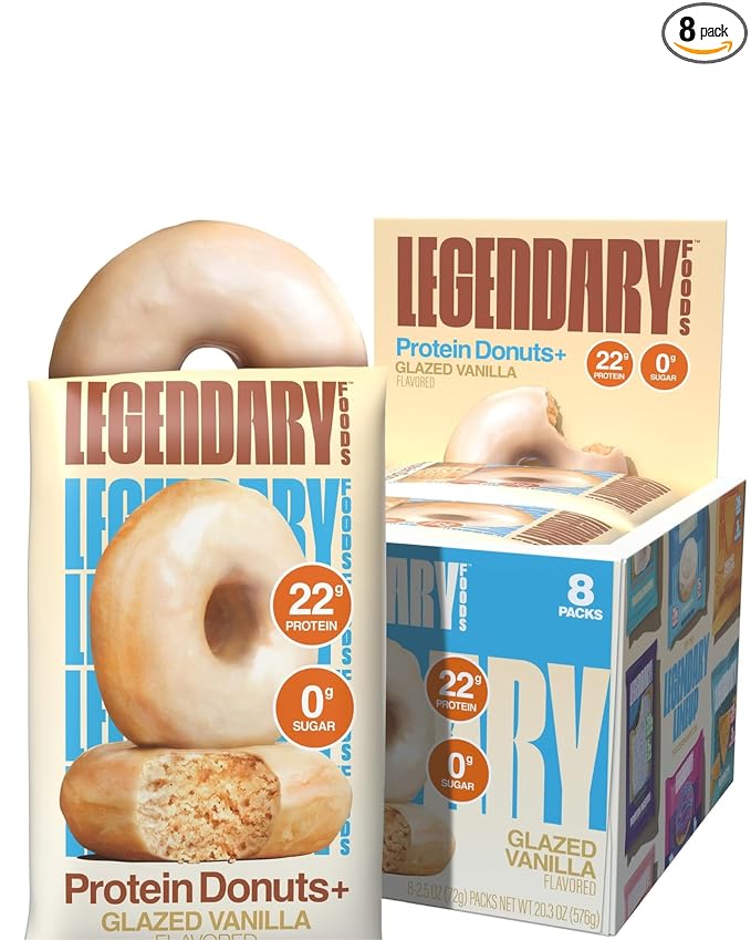 Legendary Foods Protein Donuts - 22g Protein, Glazed Vanilla, Zero Sugar Snack, Gluten Conscious, Low Carb, Keto Suitable, Diabetic and GLP-1 Diets - 8 Pack with Two Donuts per pack