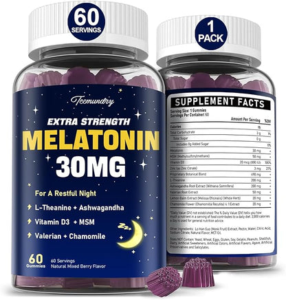 Melatonin Gummies 30mg for Adults: Maximum Strength Melatonin Supplement with L-Theanine, Ashwagandha, MSM, Vitamin D3 & Zinc - Non-Habit Forming, Natural Mixed Berry Flavor 60 Count (Pack of 1)