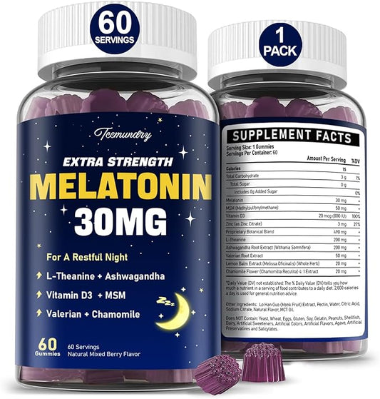 Melatonin Gummies 30mg for Adults: Maximum Strength Melatonin Supplement with L-Theanine, Ashwagandha, MSM, Vitamin D3 & Zinc - Non-Habit Forming, Natural Mixed Berry Flavor 60 Count (Pack of 1)