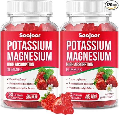 Potassium Magnesium Gummies,High Absorption Magnesium Glycinate,D3 & B6,Potassium Citrate - for Muscle Support, Leg Cramps & Electrolyte Balance - Vegan, Non-GMO, Strawberry Flavor, 120 Count