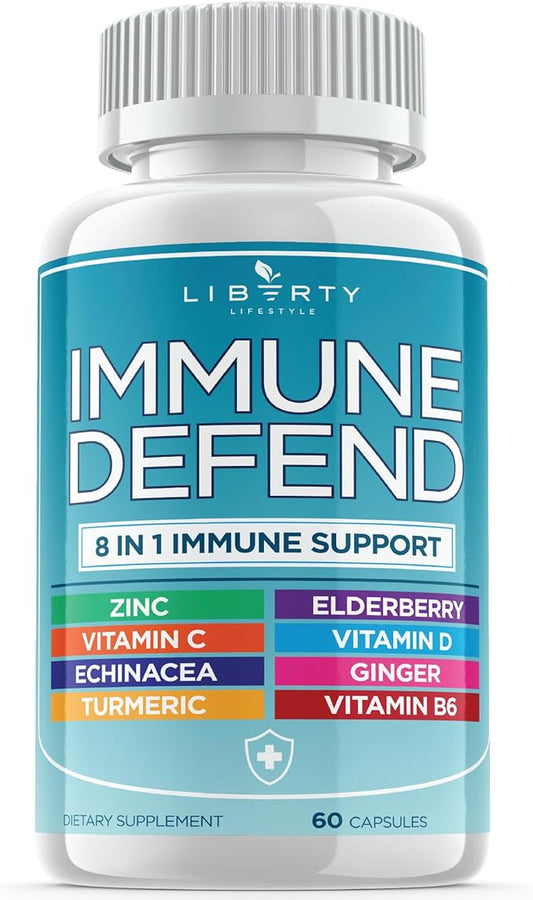 8 in 1 Immune Supplement with Echinacea, Vitamin C and Zinc 50mg, Vitamin D 5000 IU, Turmeric Curcumin & Ginger, B6, Elderberry, 60 Capsules