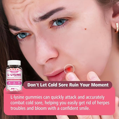 2 Pack L-Lysine Gummies 1000mg, Lysine Gummies Supplement for Adults & Kids, Essential Amino Acid with L-Arginine, L-Glutamine for Lip & Skin, Immune, Calcium Absorption, Strawberry Flavor, 120Ct