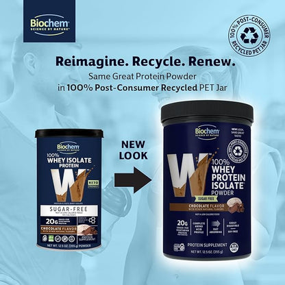 Biochem 100% Whey Sugar-Free Chocolate 20g, 12.5oz, Certified Vegetarian, Gluten Free, Non-GMO Tested, Keto Friendly, Grass-Fed