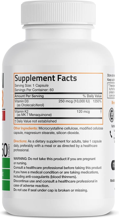 Bronson Vitamin K2 (MK7) with D3 Extra Strength Supplement Bone Health Non-GMO Formula 10,000 IU & 120 mcg MK-7 Easy to Swallow D K, 60 Capsules