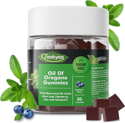 Oregano Oil with Black Seed Oil Organic Gummies for Kids and Adults | 6-in-1 Oregano Oil Supplement | Carvacrol + Thymoquinone | Immune Support with Garlic, Elderberry | Sugar-Free, 90 Chewable