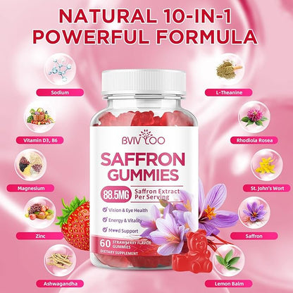 Saffron Gummies for Adult Kids, 10-IN-1 Formula with Saffron 88.5mg, Vitamins D3 & B6, Magnesium, Zinc, Ashwagandha, L-Theanine, St. John's Wort - Supports Mood & Focus, Strawberry Flavor, 60 Count