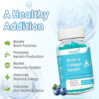 Biotin Gummies with Collagen & Keratin for Hair Skin Nails- Supports Hair Growth and Stronger Nails, Women Men, Kids - 60 Blueberry Flavored Gummies