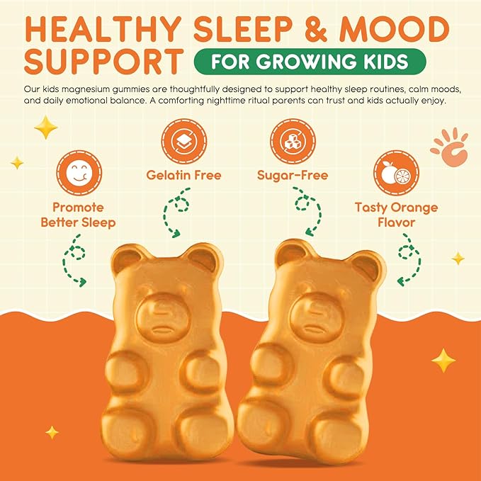 Magnesium Glycinate Gummies for Kids: Calm Magnesium Supplement for Kids & Adults with Zinc Citrate, GABA, Chamomile, Vitamin B6 & C - Sleep, Relaxation & Focus, Orange Flavor 60 Count