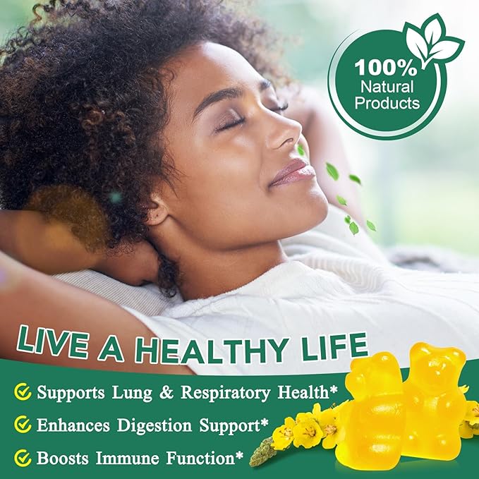 Mullein Gummies for Lung Detox, 2000mg Mullein Leaf Extract for Respiratory & Digestive & Immune Support, Organic Mullein Herb Supplement for Mucus Relief for Respiratory, Immune, Vegan 60 Gummies