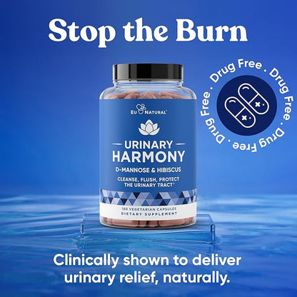 Eu Natural Urinary Harmony D-Mannose Supplement - Urinary Tract Health for Women - Fast-Acting Urinary Cleanse & Flush with Clinical-Strength D-Mannose & Hibiscus - 180 Capsules