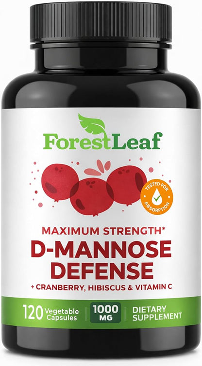 ForestLeaf D Mannose Supplements for Women & Men - D-Mannose 1000mg Capsules with Cranberry, Hibiscus & VIT C - DMannose Pills for UTI, Urinary Tract & Bladder Support - 120 Caps